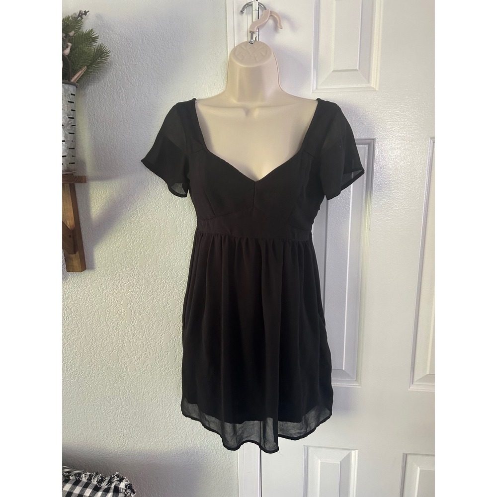 Hollister Black Babydoll Mini Dress Sweetheart Sheer Flutter Sleeve Small